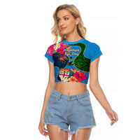 Malampa Fiji Day Raglan Cropped T Shirt Tropical Plants Mix Polynesian and Tapa Pattern LT03 Female Blue - Polynesian Pride