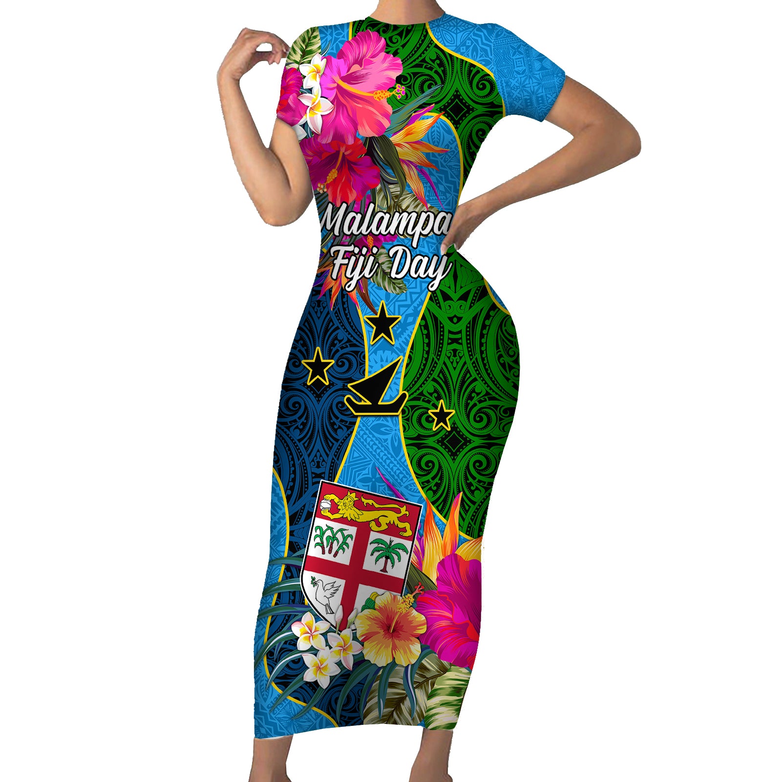 Malampa Fiji Day Short Sleeve Bodycon Dress Tropical Plants Mix Polynesian and Tapa Pattern LT03 Long Dress Blue - Polynesian Pride