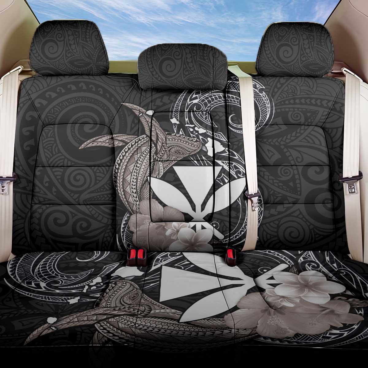 Hawaiian Whale and Kanaka Maoli Symbol Back Car Seat Cover Hibiscus with Hawaii Map and Polynesian Tattoo Grayscale Color