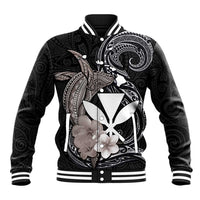 Hawaiian Whale and Kanaka Maoli Symbol Baseball Jacket Hibiscus with Hawaii Map and Polynesian Tattoo Grayscale Color LT03 Unisex Black - Polynesian Pride