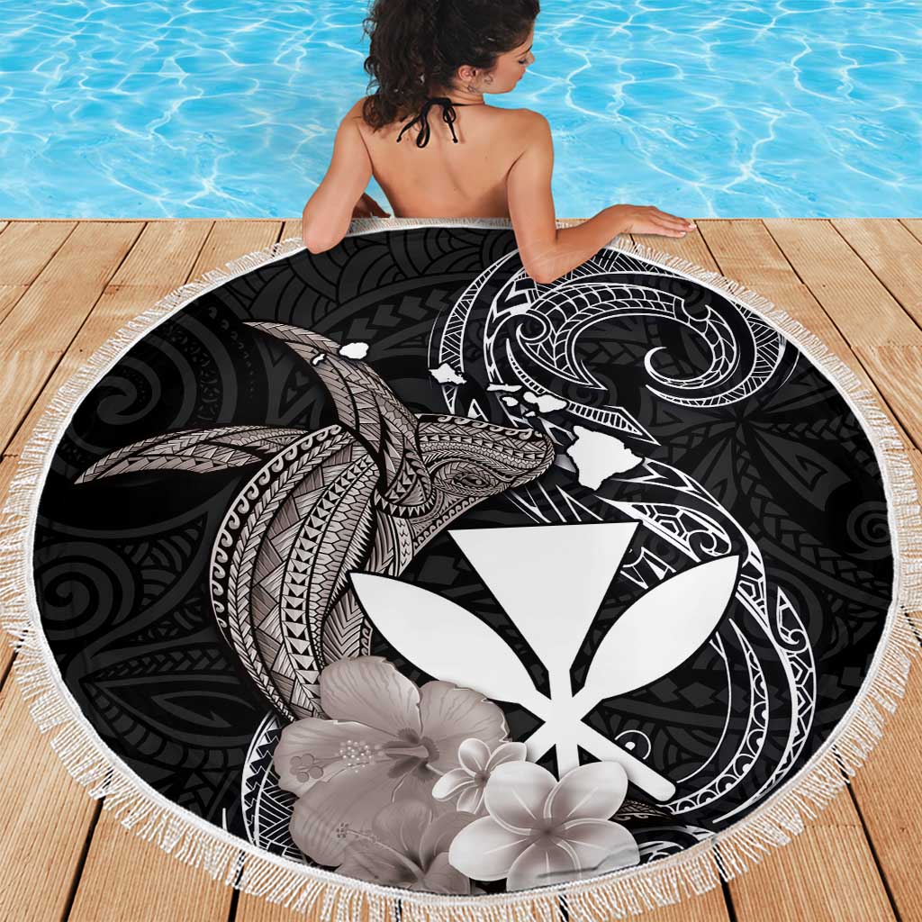 Hawaiian Whale and Kanaka Maoli Symbol Beach Blanket Hibiscus with Hawaii Map and Polynesian Tattoo Grayscale Color LT03 - Polynesian Pride
