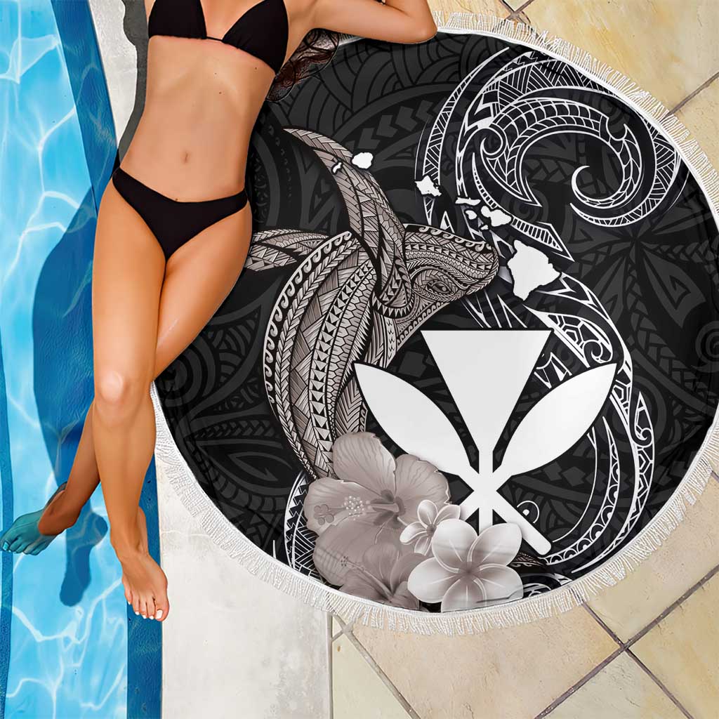 Hawaiian Whale and Kanaka Maoli Symbol Beach Blanket Hibiscus with Hawaii Map and Polynesian Tattoo Grayscale Color LT03 - Polynesian Pride