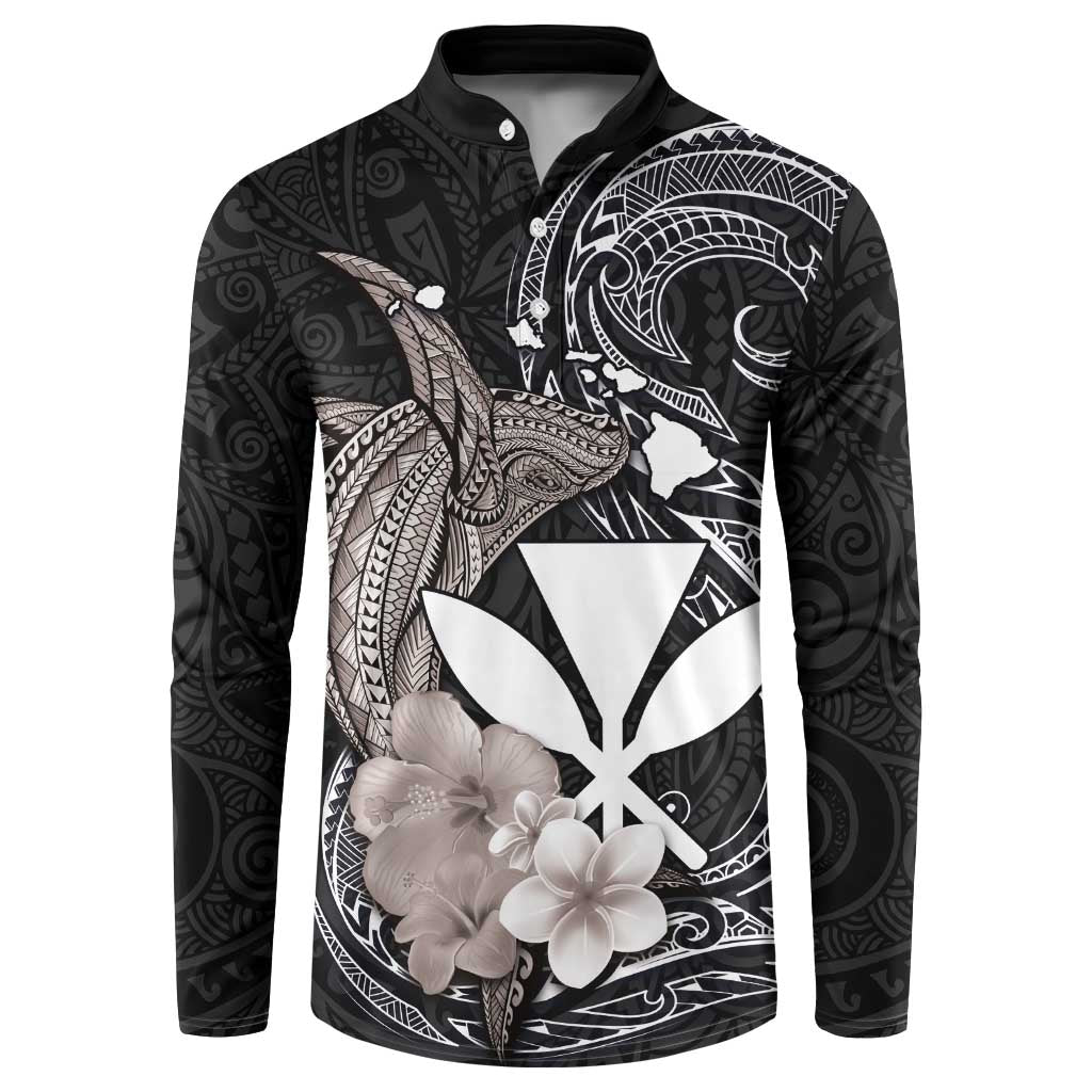 Hawaiian Whale and Kanaka Maoli Symbol Button Sweatshirt Hibiscus with Hawaii Map and Polynesian Tattoo Grayscale Color LT03 Black - Polynesian Pride