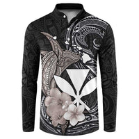 Hawaiian Whale and Kanaka Maoli Symbol Button Sweatshirt Hibiscus with Hawaii Map and Polynesian Tattoo Grayscale Color LT03 Black - Polynesian Pride