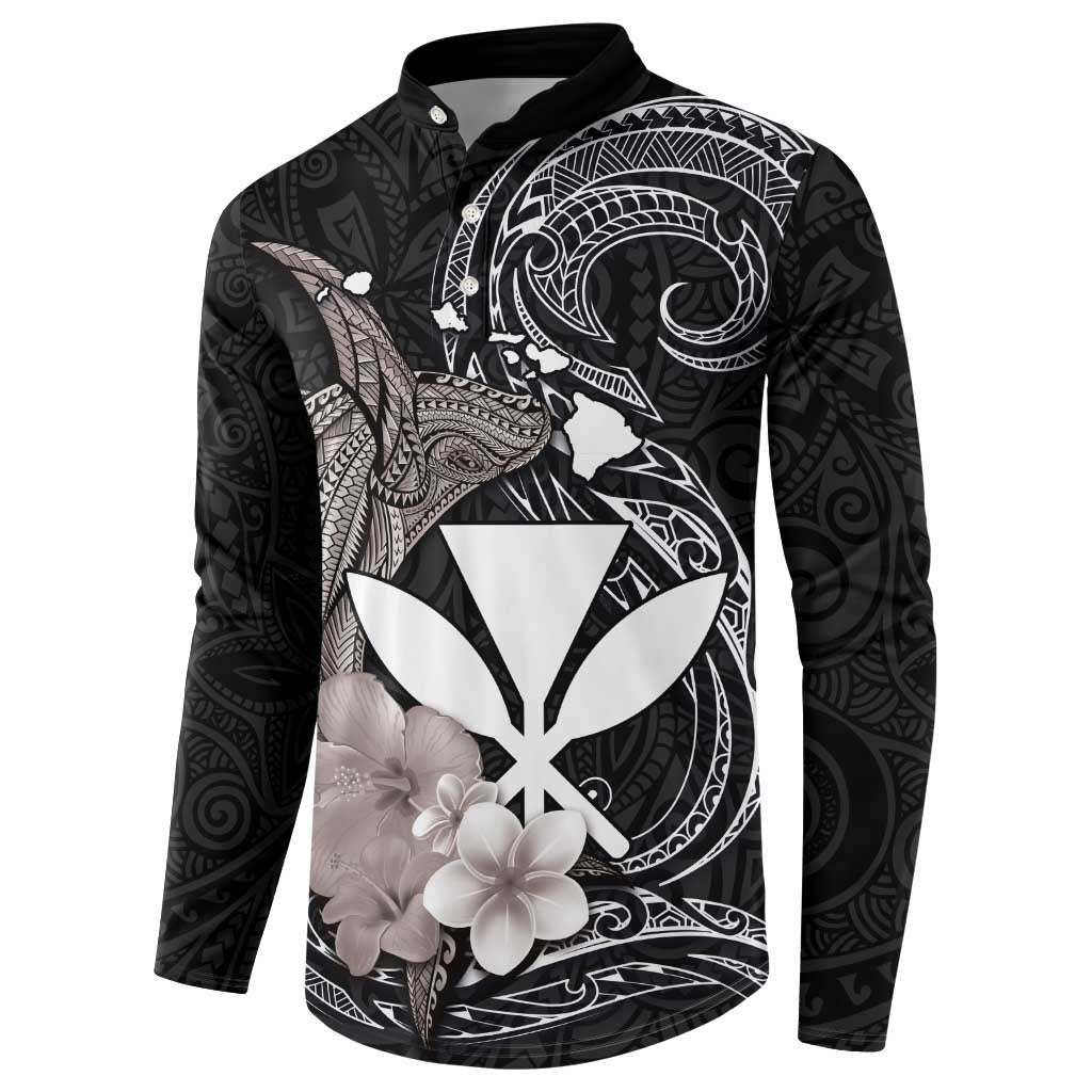Hawaiian Whale and Kanaka Maoli Symbol Button Sweatshirt Hibiscus with Hawaii Map and Polynesian Tattoo Grayscale Color LT03 - Polynesian Pride