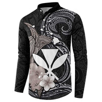 Hawaiian Whale and Kanaka Maoli Symbol Button Sweatshirt Hibiscus with Hawaii Map and Polynesian Tattoo Grayscale Color LT03 - Polynesian Pride
