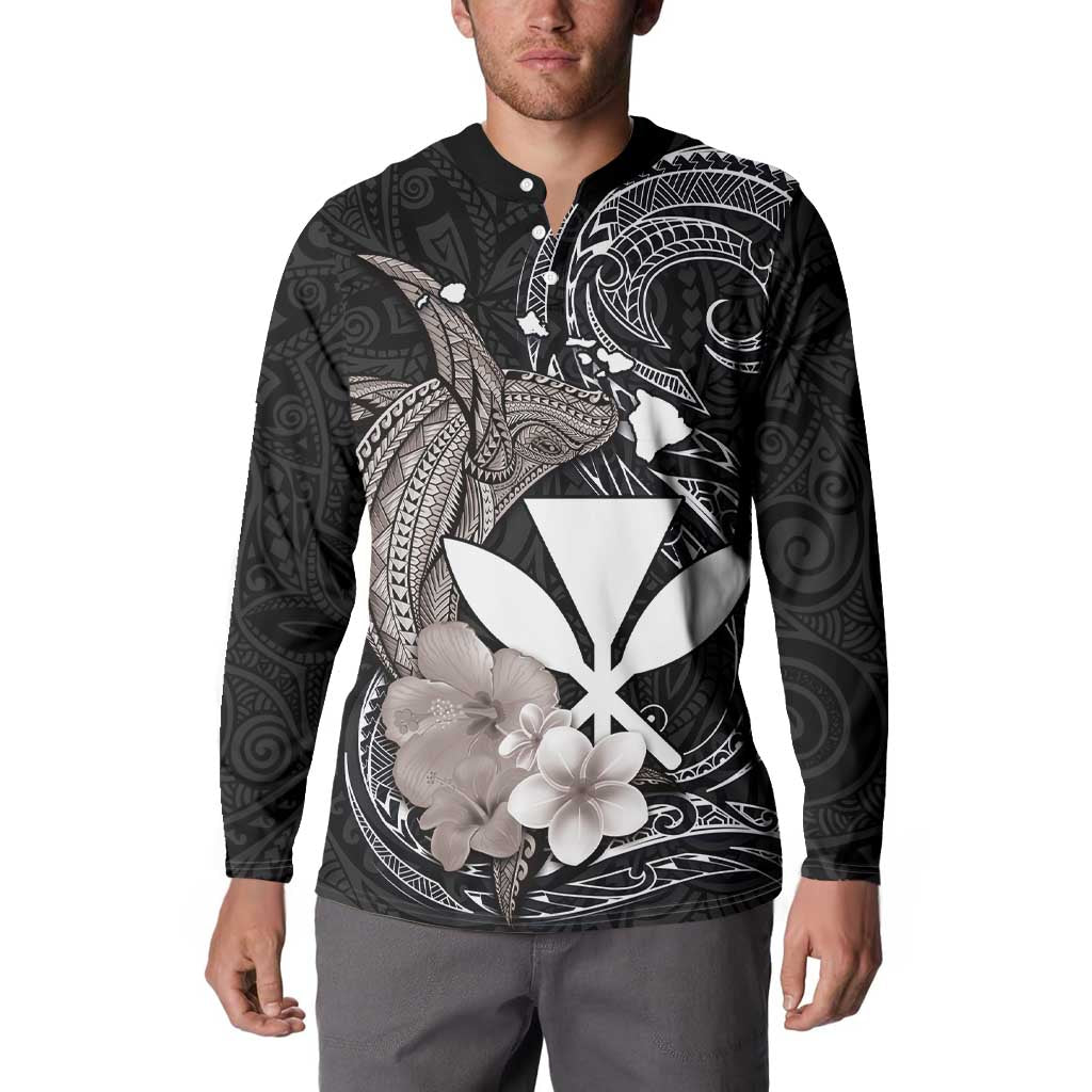 Hawaiian Whale and Kanaka Maoli Symbol Button Sweatshirt Hibiscus with Hawaii Map and Polynesian Tattoo Grayscale Color LT03 - Polynesian Pride