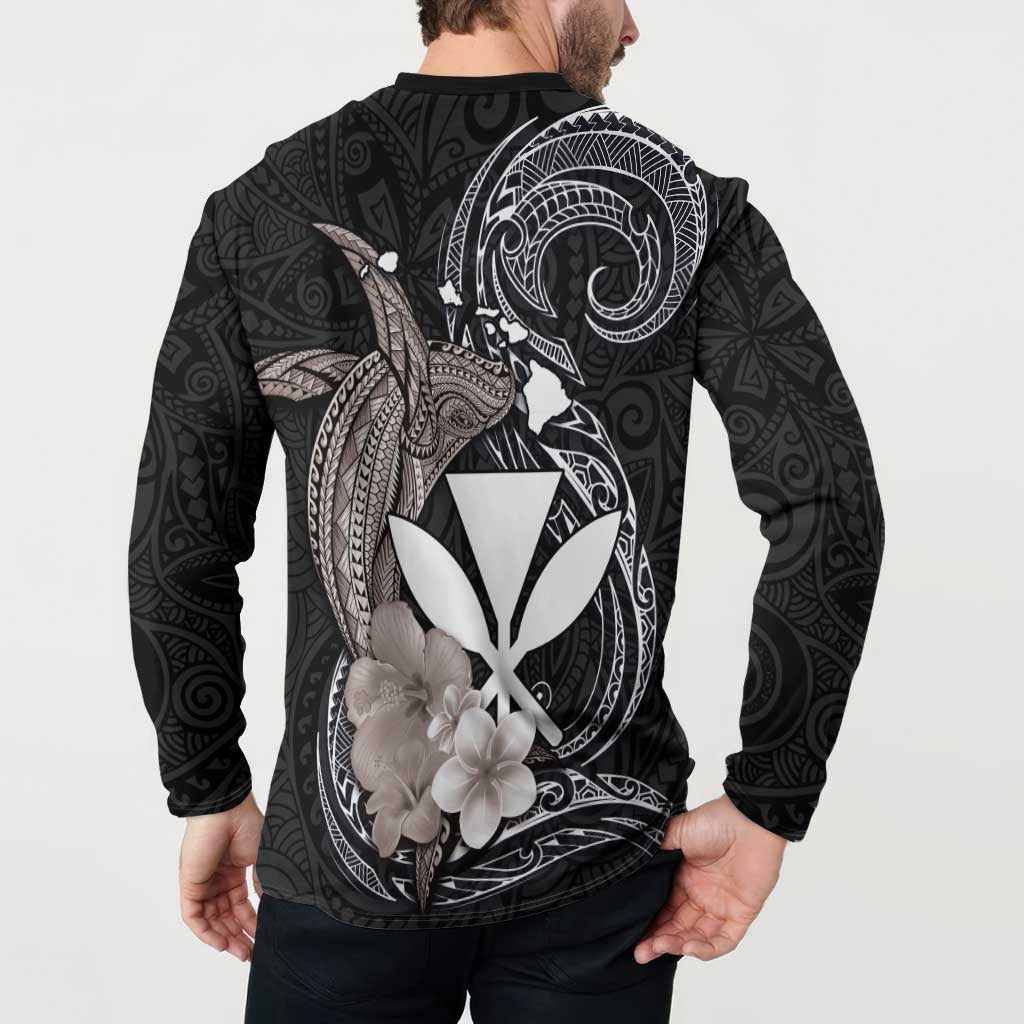 Hawaiian Whale and Kanaka Maoli Symbol Button Sweatshirt Hibiscus with Hawaii Map and Polynesian Tattoo Grayscale Color LT03 - Polynesian Pride