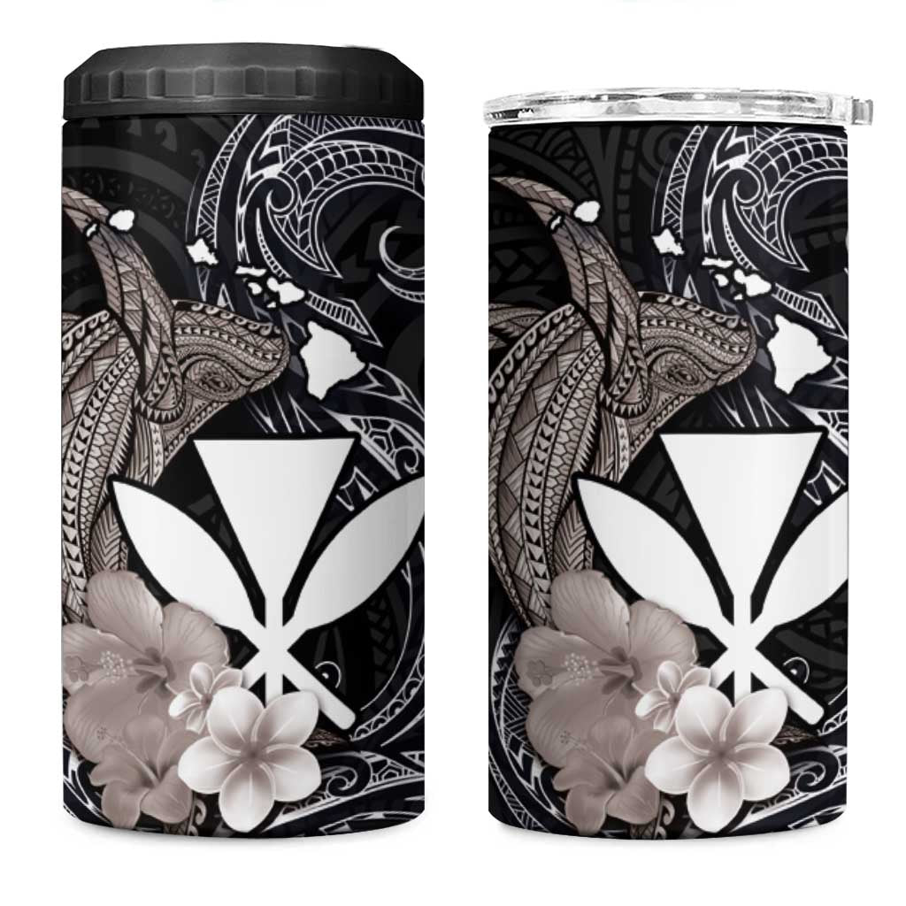Hawaiian Whale and Kanaka Maoli Symbol 4 in 1 Can Cooler Tumbler Hibiscus with Hawaii Map and Polynesian Tattoo Grayscale Color
