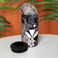 Hawaiian Whale and Kanaka Maoli Symbol 4 in 1 Can Cooler Tumbler Hibiscus with Hawaii Map and Polynesian Tattoo Grayscale Color