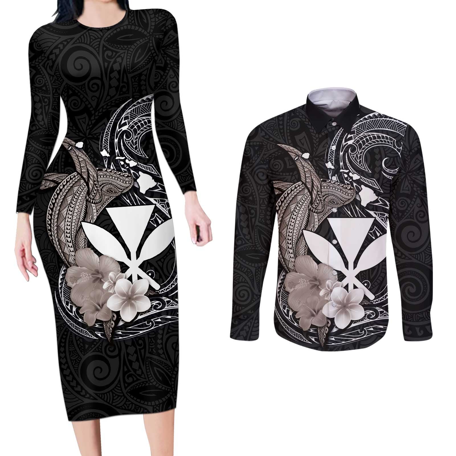 Hawaiian Whale and Kanaka Maoli Symbol Couples Matching Long Sleeve Bodycon Dress and Long Sleeve Button Shirt Hibiscus with Hawaii Map and Polynesian Tattoo Grayscale Color