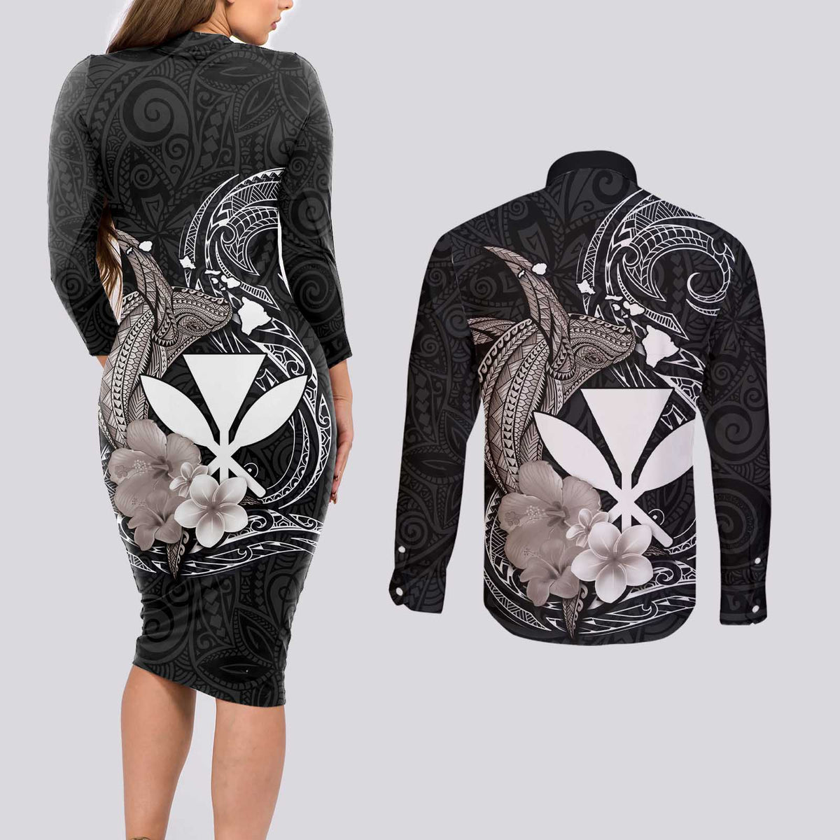 Hawaiian Whale and Kanaka Maoli Symbol Couples Matching Long Sleeve Bodycon Dress and Long Sleeve Button Shirt Hibiscus with Hawaii Map and Polynesian Tattoo Grayscale Color