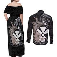 Hawaiian Whale and Kanaka Maoli Symbol Couples Matching Off Shoulder Maxi Dress and Long Sleeve Button Shirt Hibiscus with Hawaii Map and Polynesian Tattoo Grayscale Color