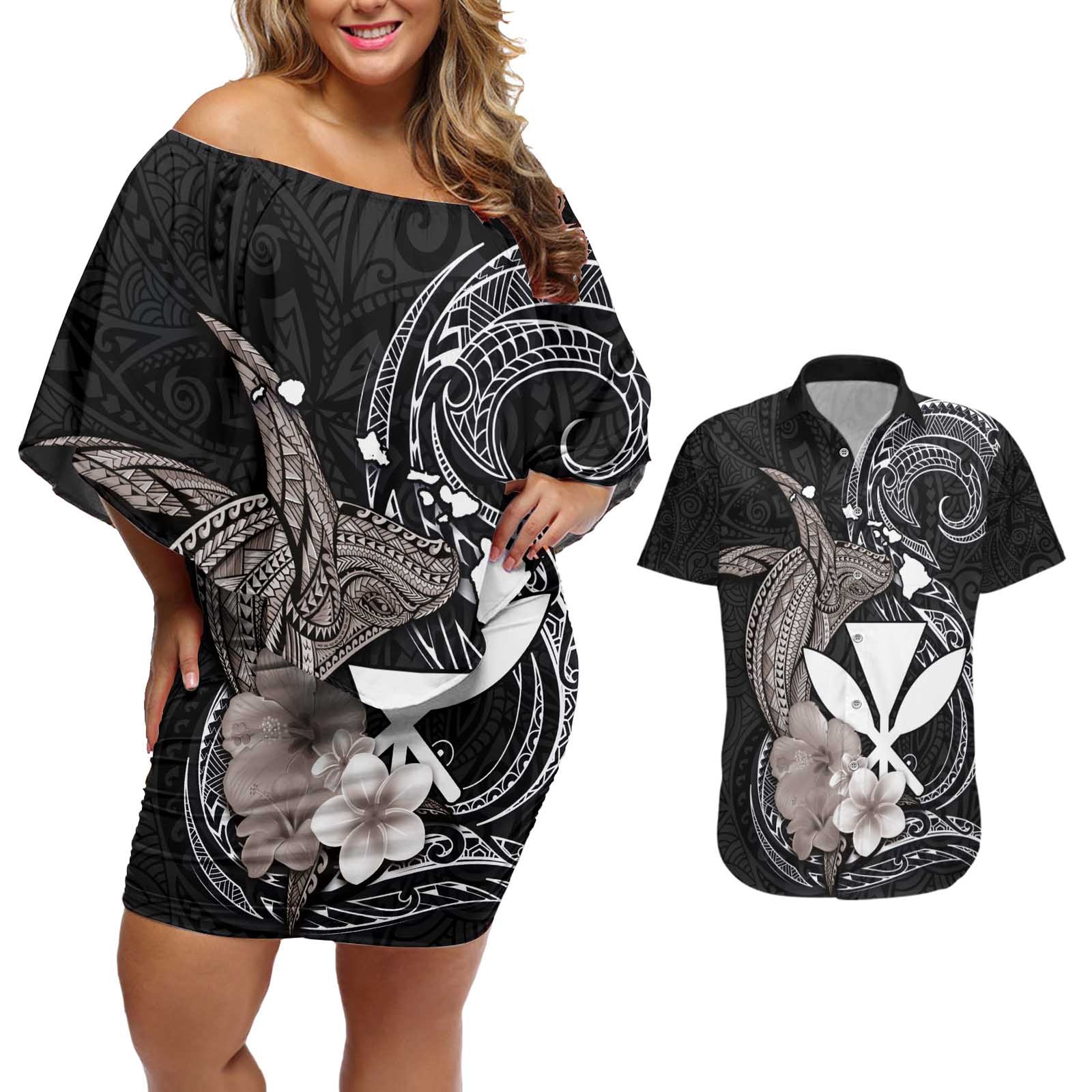 Hawaiian Whale and Kanaka Maoli Symbol Couples Matching Off Shoulder Short Dress and Hawaiian Shirt Hibiscus with Hawaii Map and Polynesian Tattoo Grayscale Color