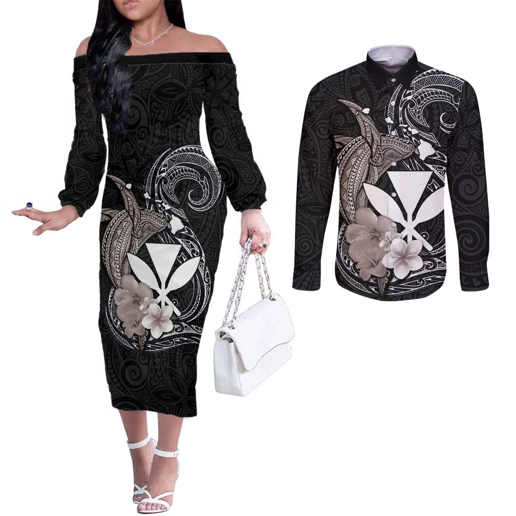 Hawaiian Whale and Kanaka Maoli Symbol Couples Matching Off The Shoulder Long Sleeve Dress and Long Sleeve Button Shirt Hibiscus with Hawaii Map and Polynesian Tattoo Grayscale Color