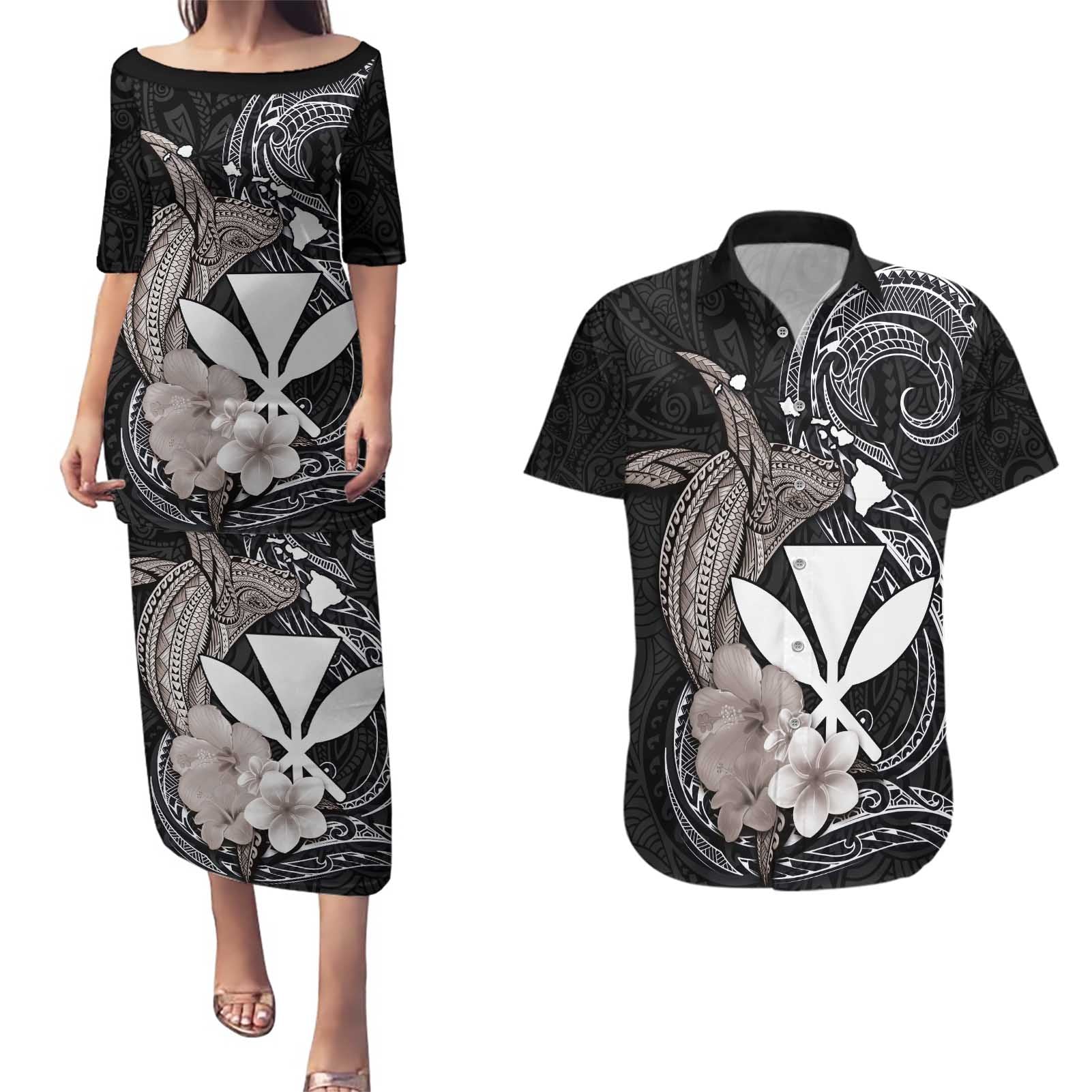 Hawaiian Whale and Kanaka Maoli Symbol Couples Matching Puletasi and Hawaiian Shirt Hibiscus with Hawaii Map and Polynesian Tattoo Grayscale Color