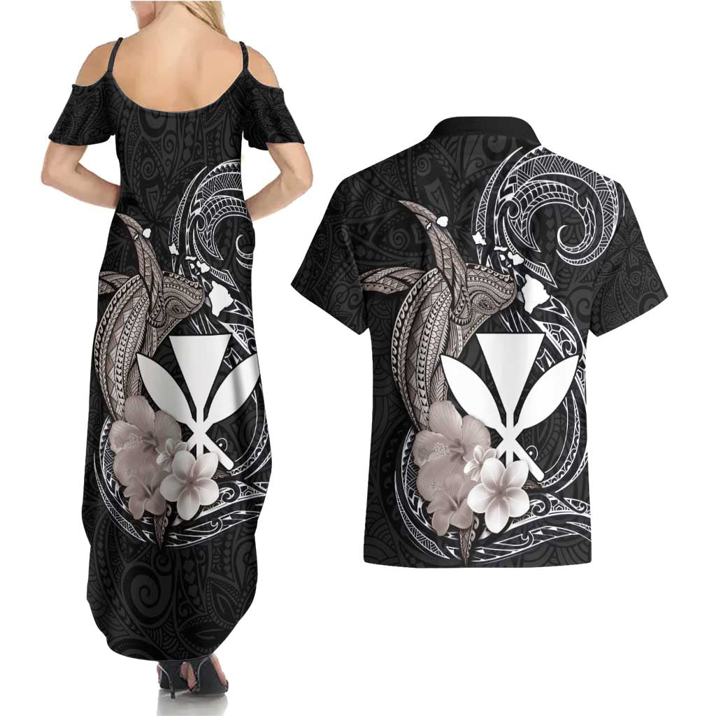 Hawaiian Whale and Kanaka Maoli Symbol Couples Matching Summer Maxi Dress and Hawaiian Shirt Hibiscus with Hawaii Map and Polynesian Tattoo Grayscale Color