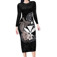 Hawaiian Whale and Kanaka Maoli Symbol Family Matching Long Sleeve Bodycon Dress and Hawaiian Shirt Hibiscus with Hawaii Map and Polynesian Tattoo Grayscale Color