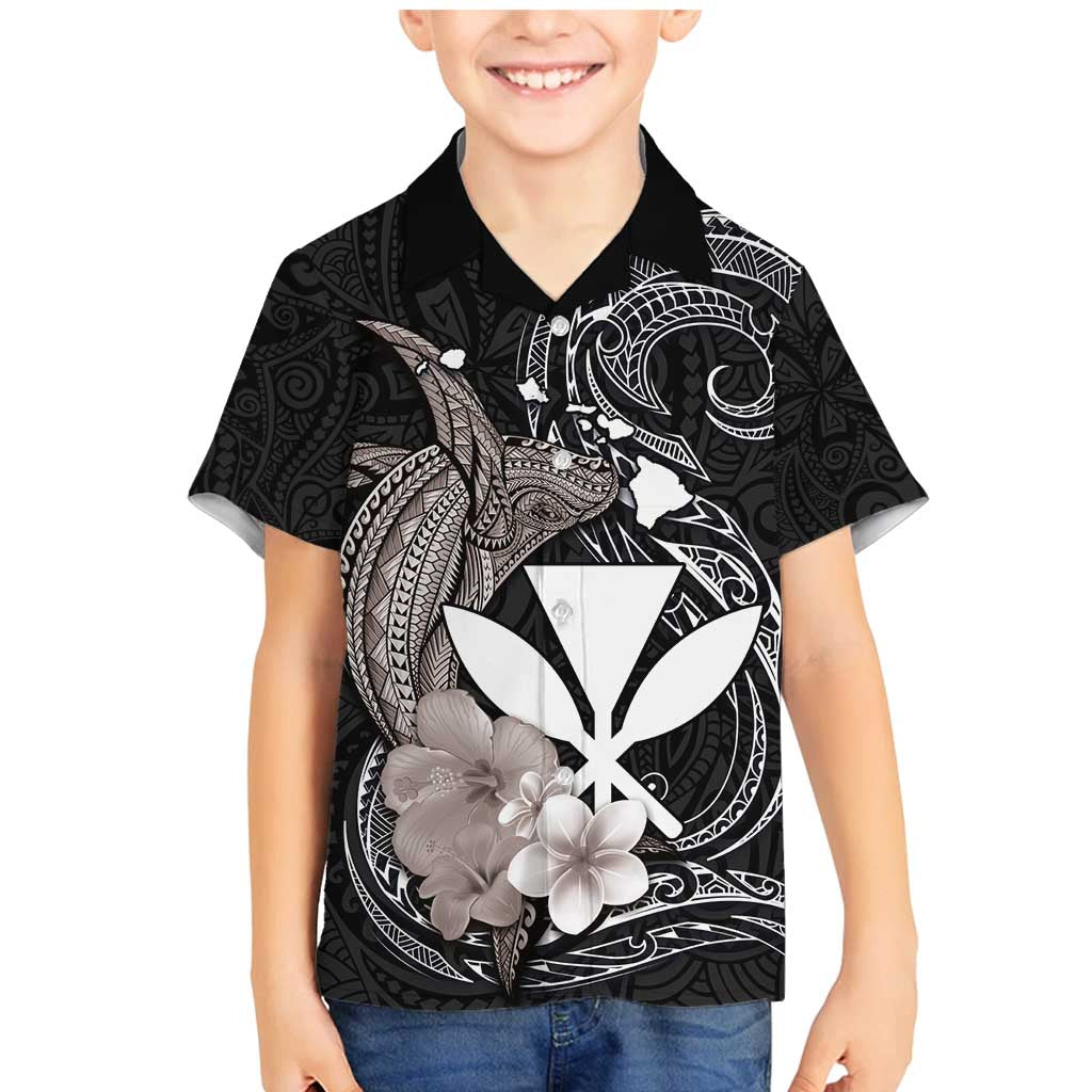 Hawaiian Whale and Kanaka Maoli Symbol Family Matching Mermaid Dress and Hawaiian Shirt Hibiscus with Hawaii Map and Polynesian Tattoo Grayscale Color LT03 Son's Shirt Black - Polynesian Pride