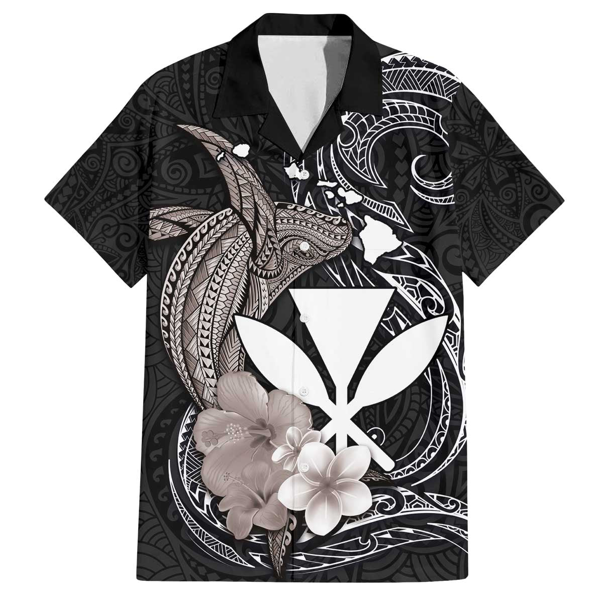 Hawaiian Whale and Kanaka Maoli Symbol Family Matching Off Shoulder Short Dress and Hawaiian Shirt Hibiscus with Hawaii Map and Polynesian Tattoo Grayscale Color