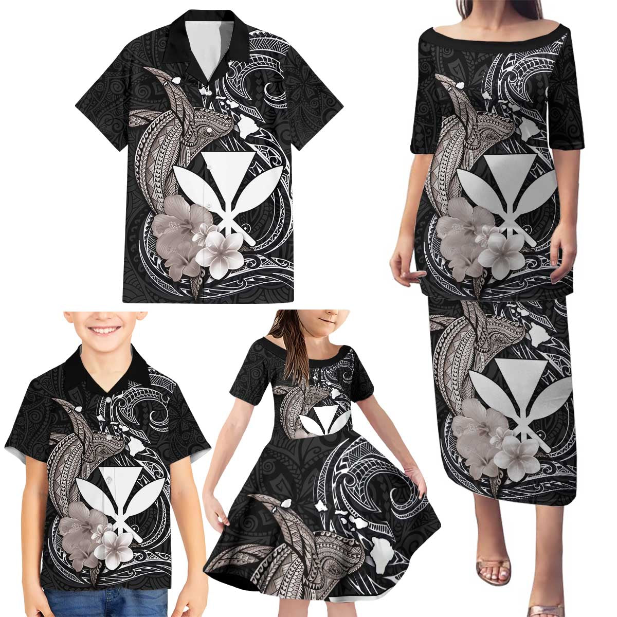 Hawaiian Whale and Kanaka Maoli Symbol Family Matching Puletasi and Hawaiian Shirt Hibiscus with Hawaii Map and Polynesian Tattoo Grayscale Color LT03 - Polynesian Pride