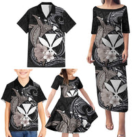 Hawaiian Whale and Kanaka Maoli Symbol Family Matching Puletasi and Hawaiian Shirt Hibiscus with Hawaii Map and Polynesian Tattoo Grayscale Color LT03 - Polynesian Pride