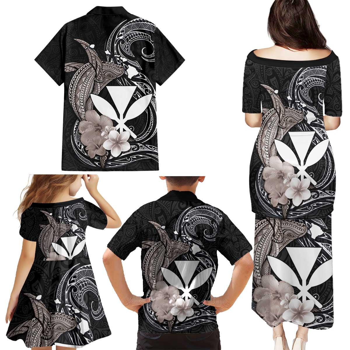 Hawaiian Whale and Kanaka Maoli Symbol Family Matching Puletasi and Hawaiian Shirt Hibiscus with Hawaii Map and Polynesian Tattoo Grayscale Color LT03 - Polynesian Pride