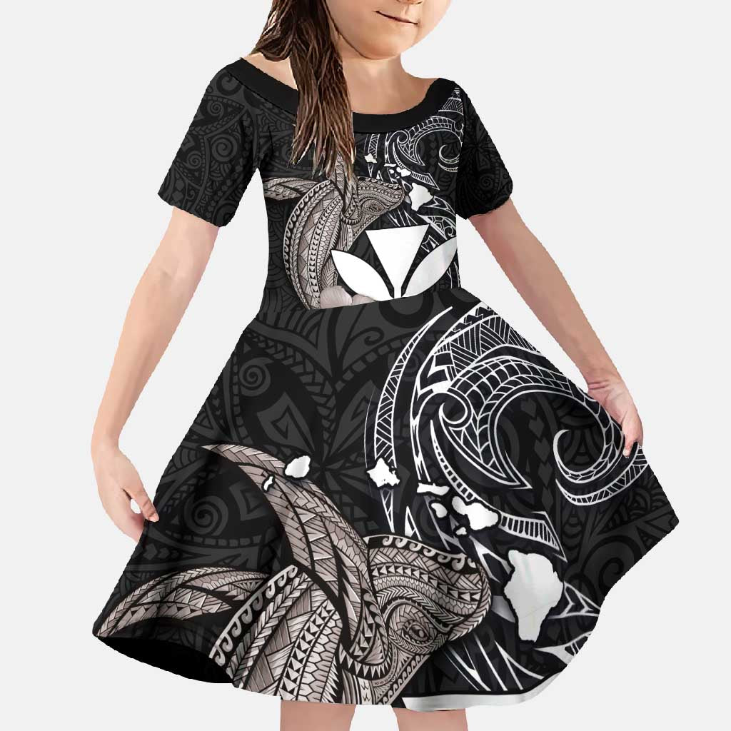 Hawaiian Whale and Kanaka Maoli Symbol Family Matching Summer Maxi Dress and Hawaiian Shirt Hibiscus with Hawaii Map and Polynesian Tattoo Grayscale Color LT03 Daughter's Dress Black - Polynesian Pride