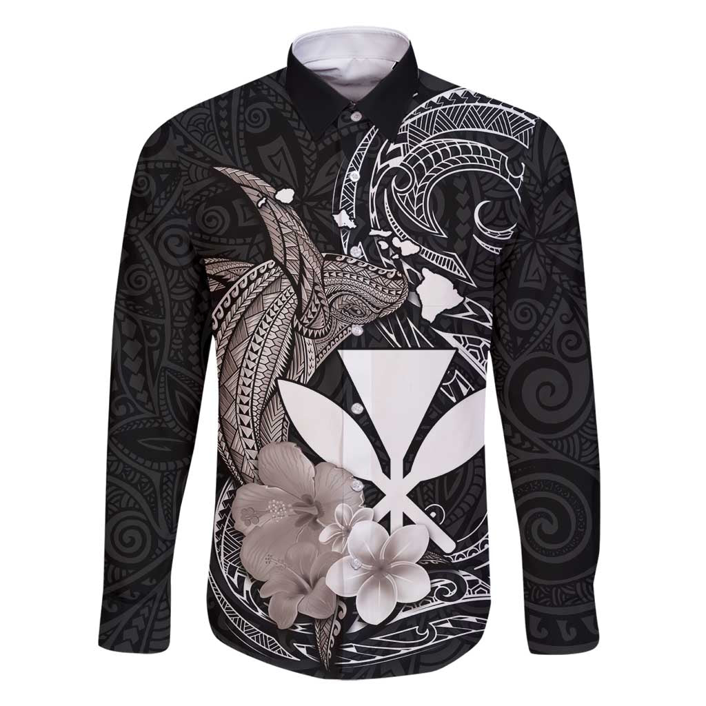 Hawaiian Whale and Kanaka Maoli Symbol Family Matching Tank Maxi Dress and Hawaiian Shirt Hibiscus with Hawaii Map and Polynesian Tattoo Grayscale Color LT03 Dad's Shirt - Long Sleeve Black - Polynesian Pride