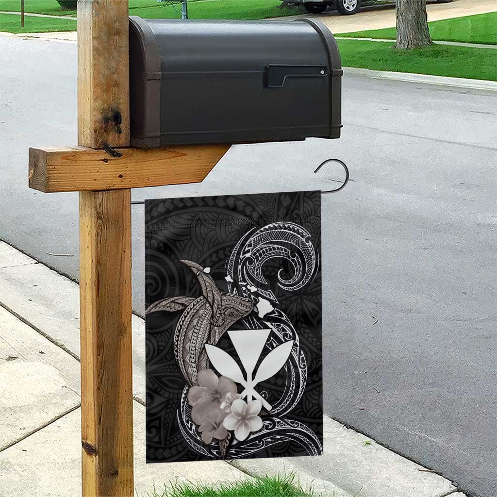 Hawaiian Whale and Kanaka Maoli Symbol Garden Flag Hibiscus with Hawaii Map and Polynesian Tattoo Grayscale Color