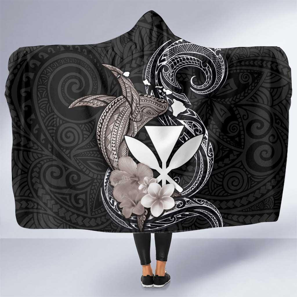 Hawaiian Whale and Kanaka Maoli Symbol Hooded Blanket Hibiscus with Hawaii Map and Polynesian Tattoo Grayscale Color