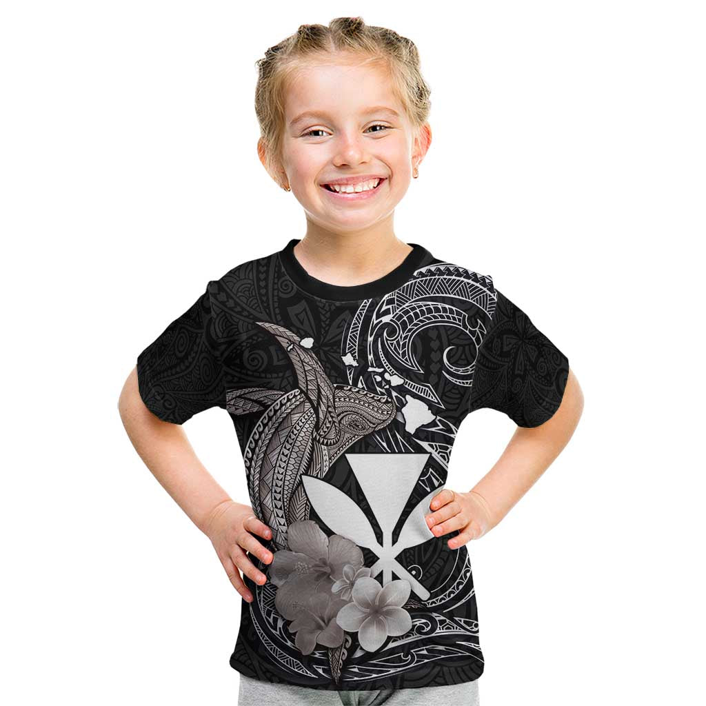 Hawaiian Whale and Kanaka Maoli Symbol Kid T Shirt Hibiscus with Hawaii Map and Polynesian Tattoo Grayscale Color LT03 Black - Polynesian Pride