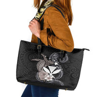 Hawaiian Whale and Kanaka Maoli Symbol Leather Tote Bag Hibiscus with Hawaii Map and Polynesian Tattoo Grayscale Color LT03 Black - Polynesian Pride