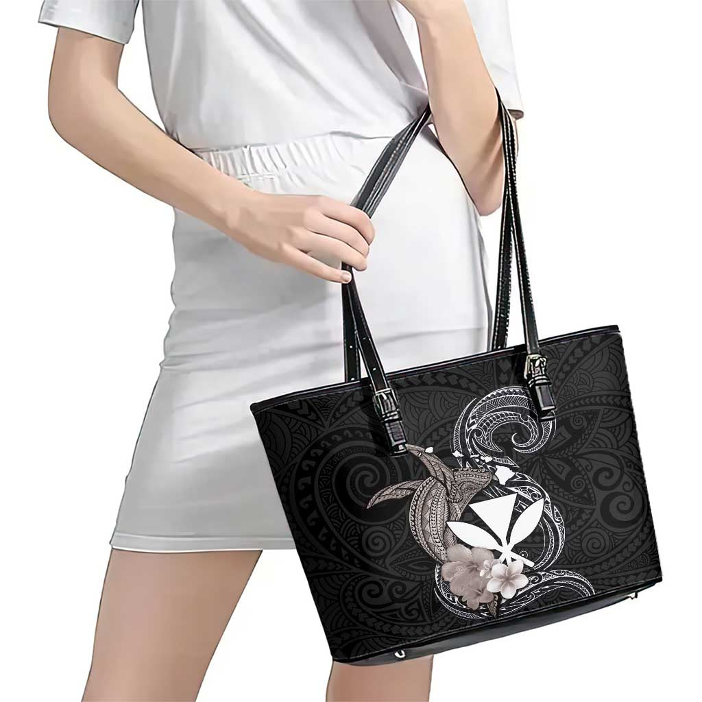 Hawaiian Whale and Kanaka Maoli Symbol Leather Tote Bag Hibiscus with Hawaii Map and Polynesian Tattoo Grayscale Color LT03 - Polynesian Pride