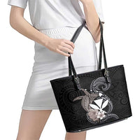 Hawaiian Whale and Kanaka Maoli Symbol Leather Tote Bag Hibiscus with Hawaii Map and Polynesian Tattoo Grayscale Color LT03 - Polynesian Pride