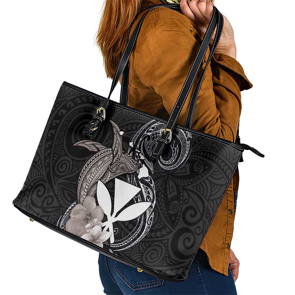Hawaiian Whale and Kanaka Maoli Symbol Leather Tote Bag Hibiscus with Hawaii Map and Polynesian Tattoo Grayscale Color LT03 - Polynesian Pride