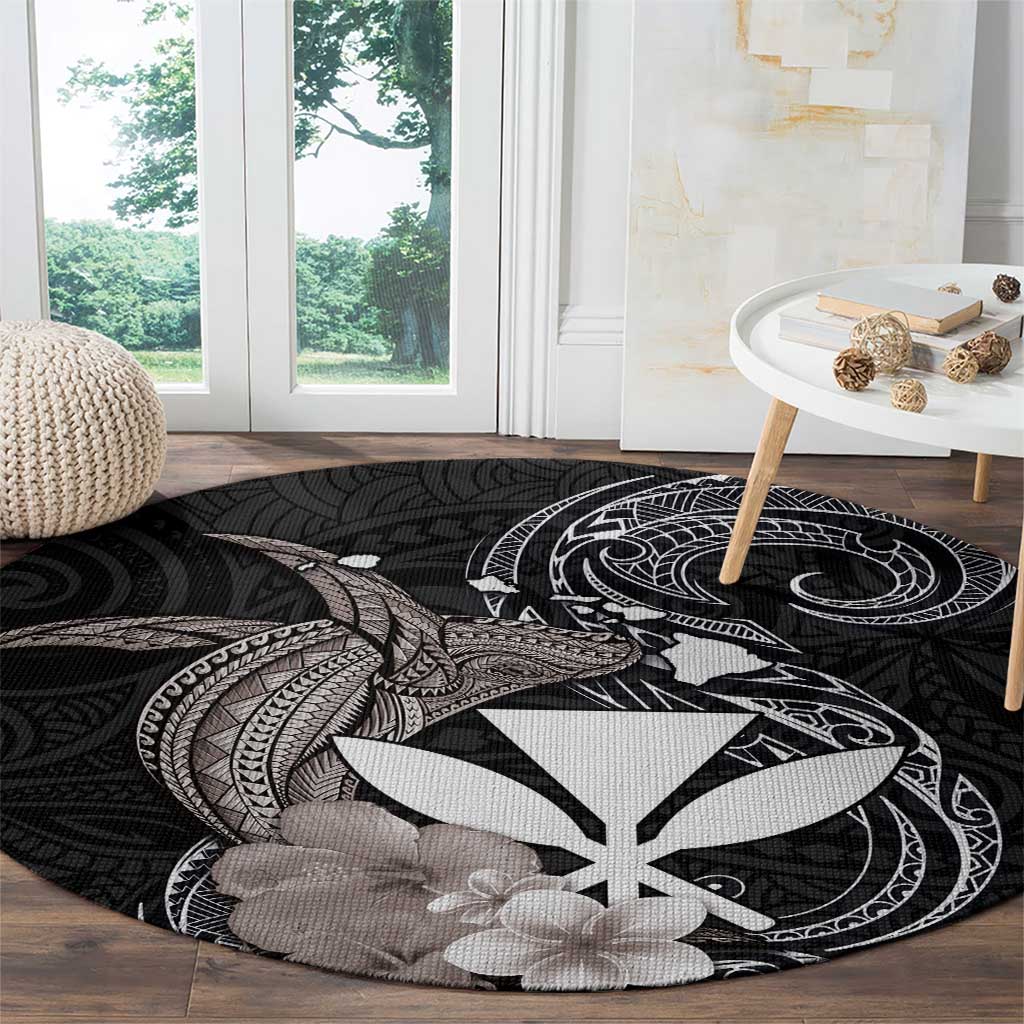 Hawaiian Whale and Kanaka Maoli Symbol Round Carpet Hibiscus with Hawaii Map and Polynesian Tattoo Grayscale Color LT03 - Polynesian Pride