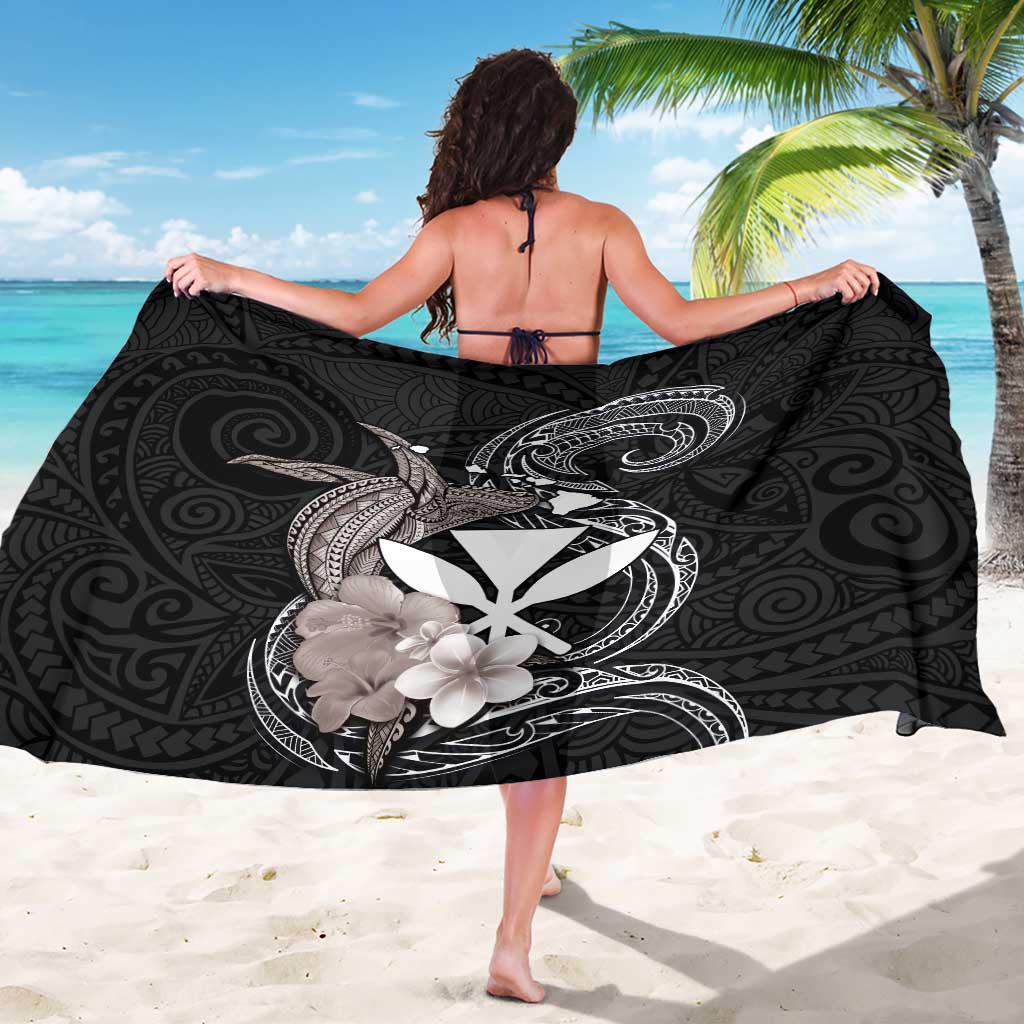 Hawaiian Whale and Kanaka Maoli Symbol Sarong Hibiscus with Hawaii Map and Polynesian Tattoo Grayscale Color