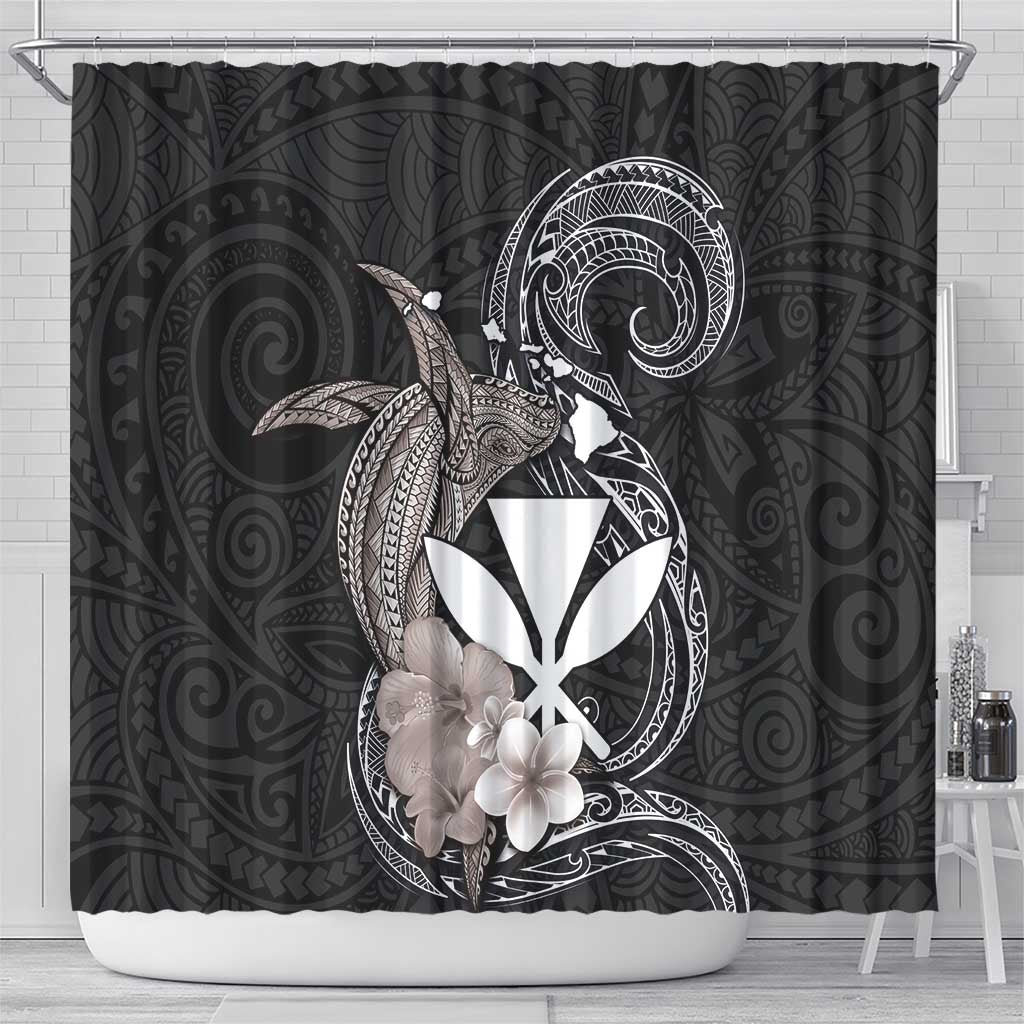 Hawaiian Whale and Kanaka Maoli Symbol Shower Curtain Hibiscus with Hawaii Map and Polynesian Tattoo Grayscale Color LT03 - Polynesian Pride