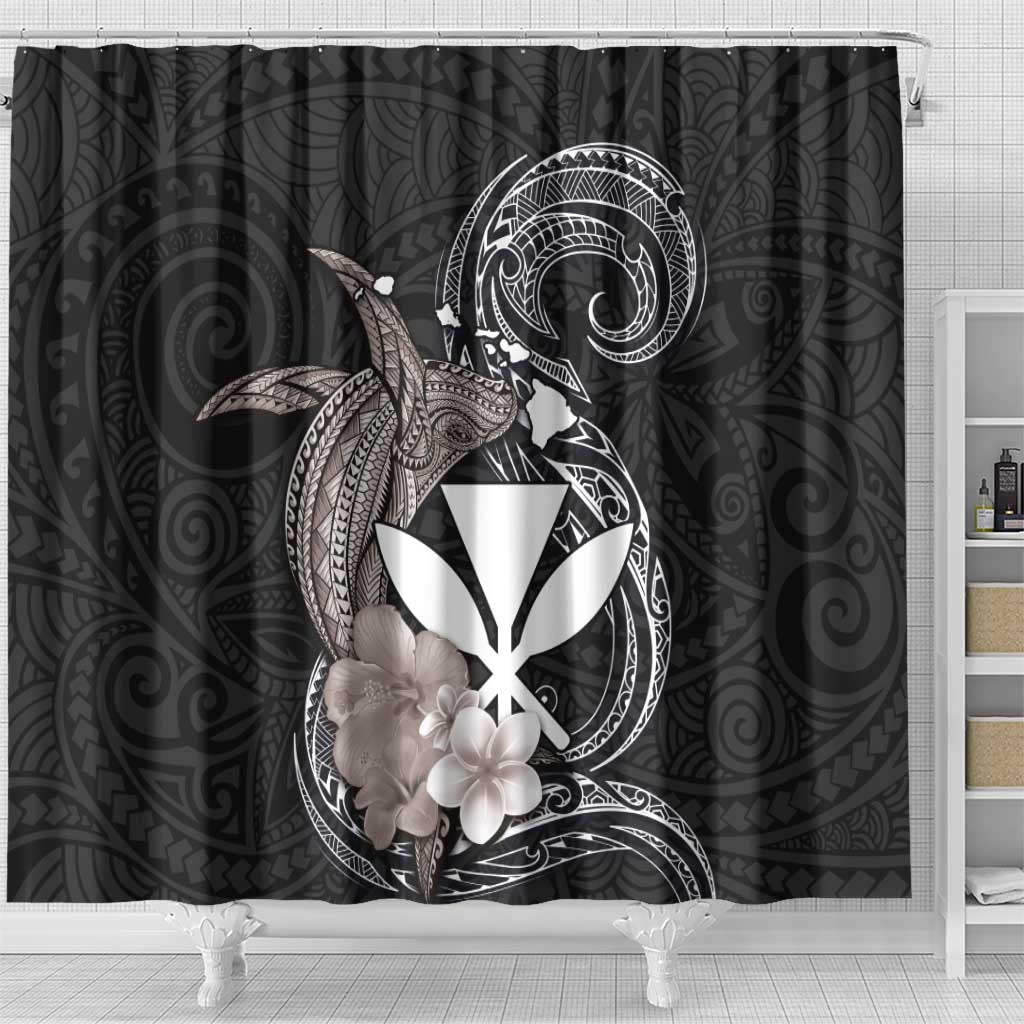 Hawaiian Whale and Kanaka Maoli Symbol Shower Curtain Hibiscus with Hawaii Map and Polynesian Tattoo Grayscale Color LT03 - Polynesian Pride