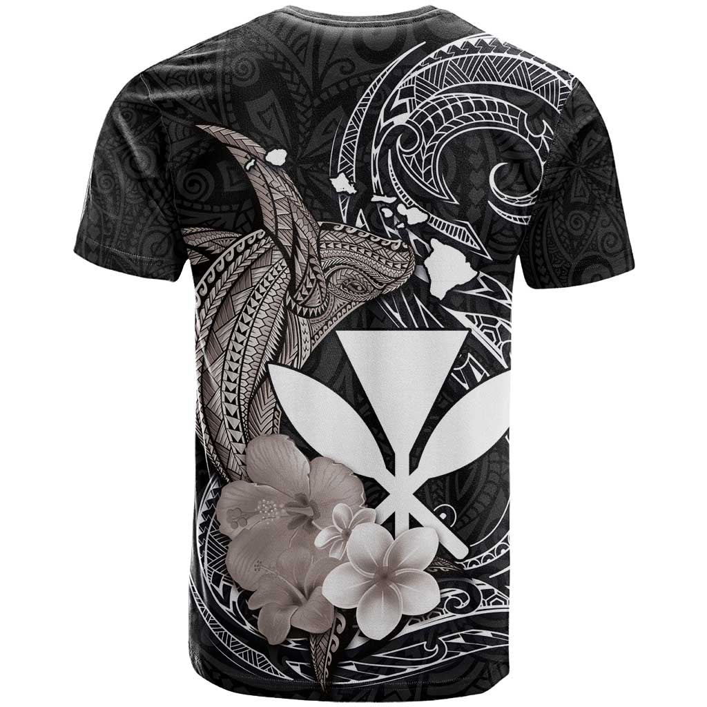 Hawaiian Whale and Kanaka Maoli Symbol T Shirt Hibiscus with Hawaii Map and Polynesian Tattoo Grayscale Color