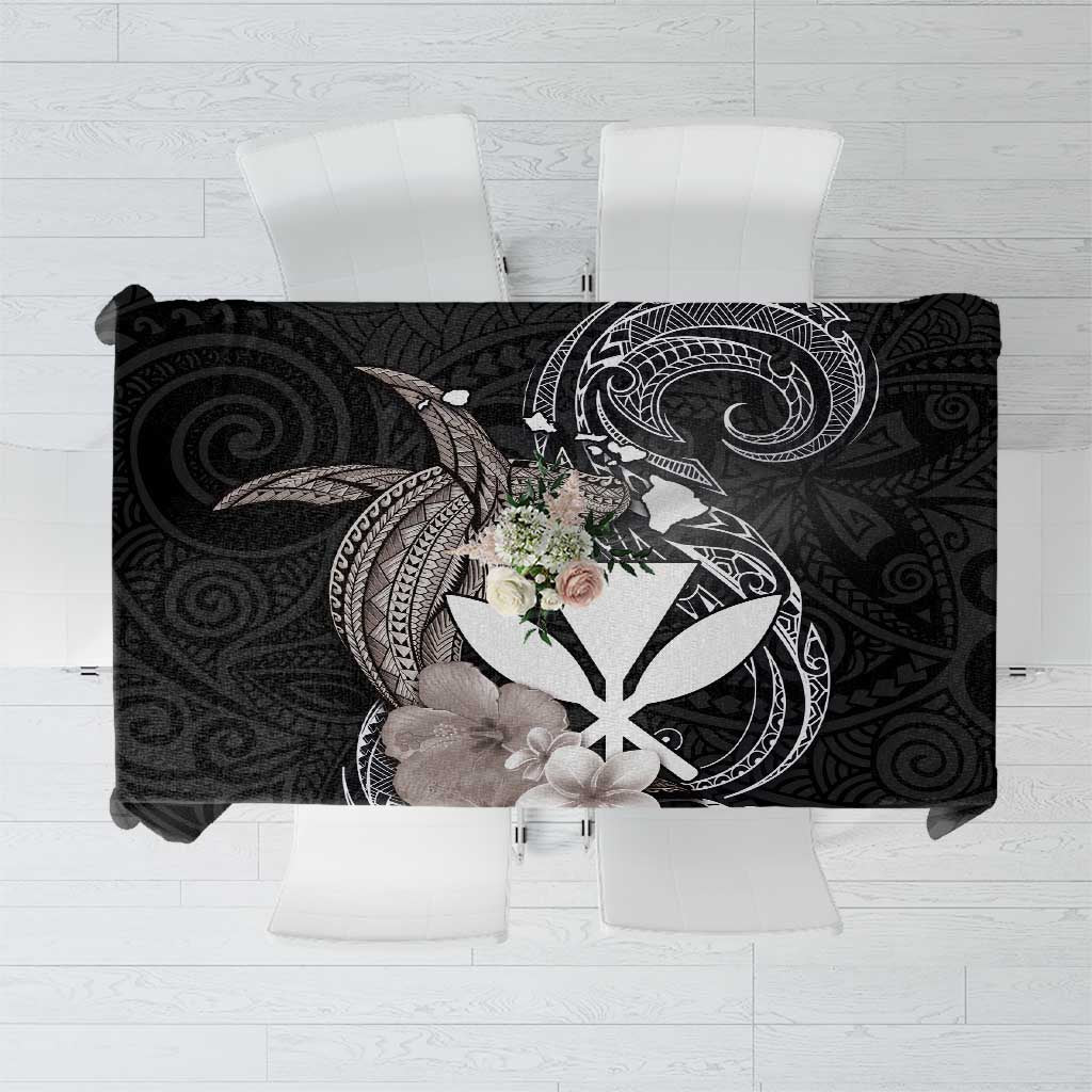 Hawaiian Whale and Kanaka Maoli Symbol Tablecloth Hibiscus with Hawaii Map and Polynesian Tattoo Grayscale Color LT03 Black - Polynesian Pride