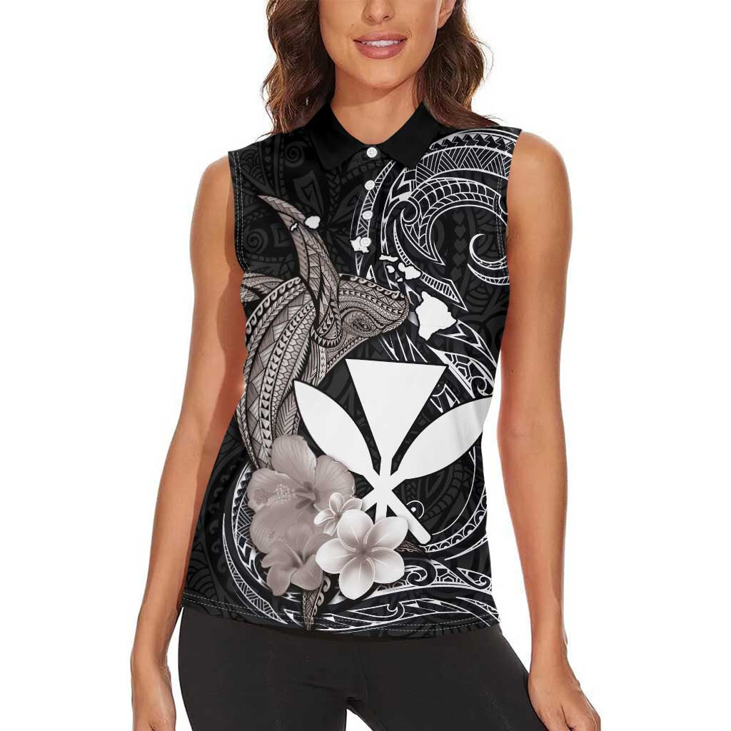 Hawaiian Whale and Kanaka Maoli Symbol Women Sleeveless Polo Shirt Hibiscus with Hawaii Map and Polynesian Tattoo Grayscale Color LT03 - Polynesian Pride