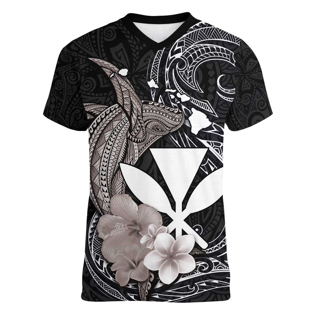 Hawaiian Whale and Kanaka Maoli Symbol Women V-Neck T-Shirt Hibiscus with Hawaii Map and Polynesian Tattoo Grayscale Color LT03 Female Black - Polynesian Pride