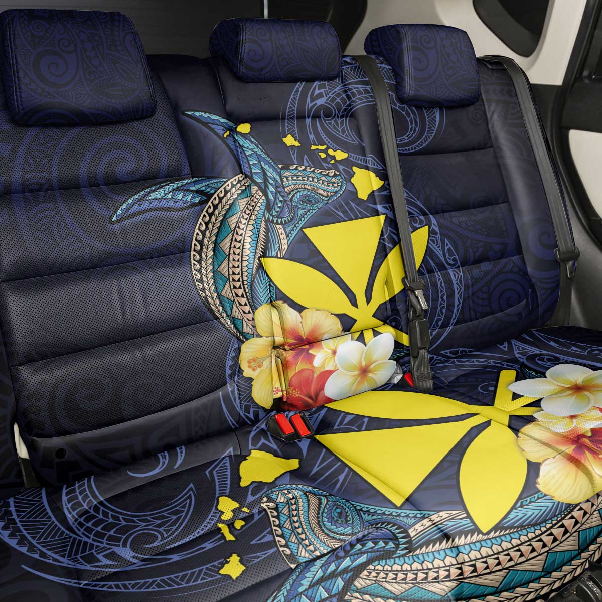 Hawaiian Whale and Kanaka Maoli Symbol Back Car Seat Cover Hibiscus with Hawaii Map and Polynesian Tattoo Deep Sea Color