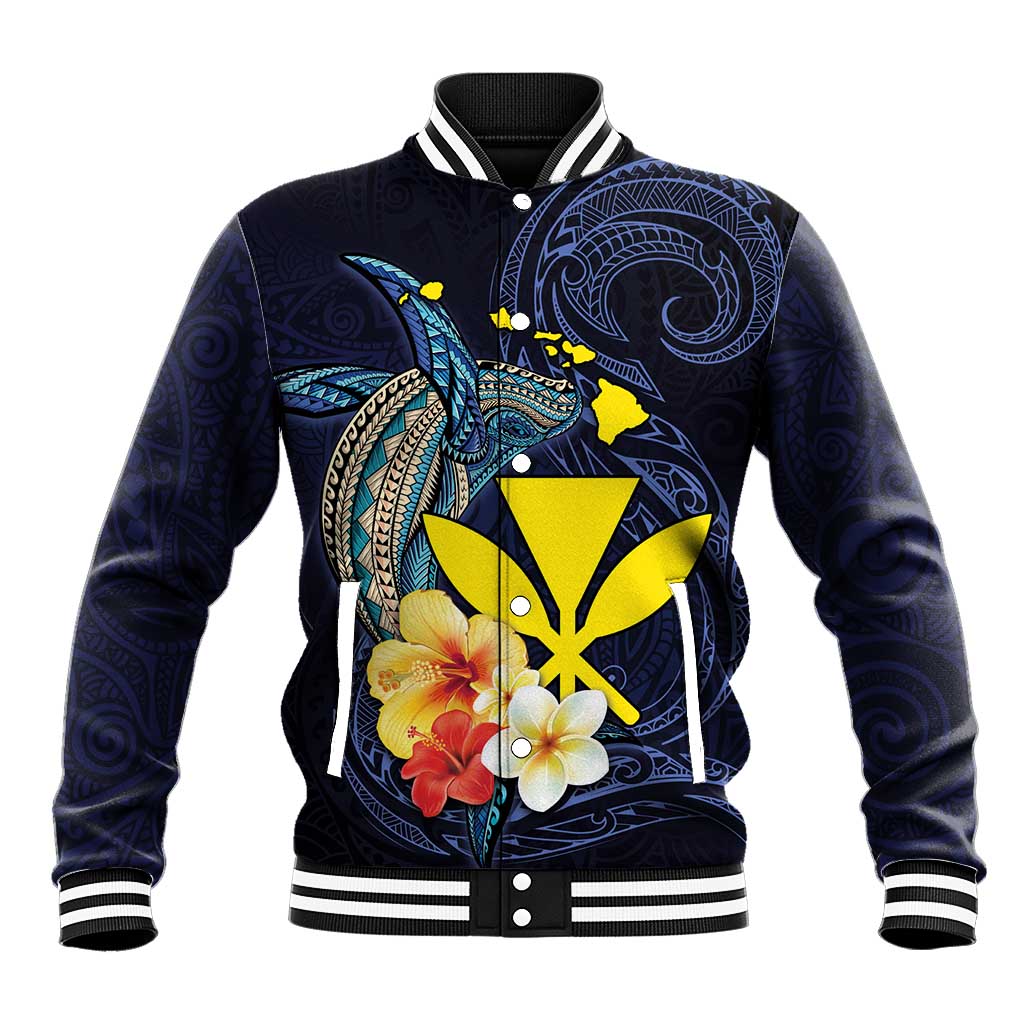 Hawaiian Whale and Kanaka Maoli Symbol Baseball Jacket Hibiscus with Hawaii Map and Polynesian Tattoo Deep Sea Color LT03 Unisex Blue - Polynesian Pride