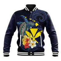 Hawaiian Whale and Kanaka Maoli Symbol Baseball Jacket Hibiscus with Hawaii Map and Polynesian Tattoo Deep Sea Color LT03 Unisex Blue - Polynesian Pride