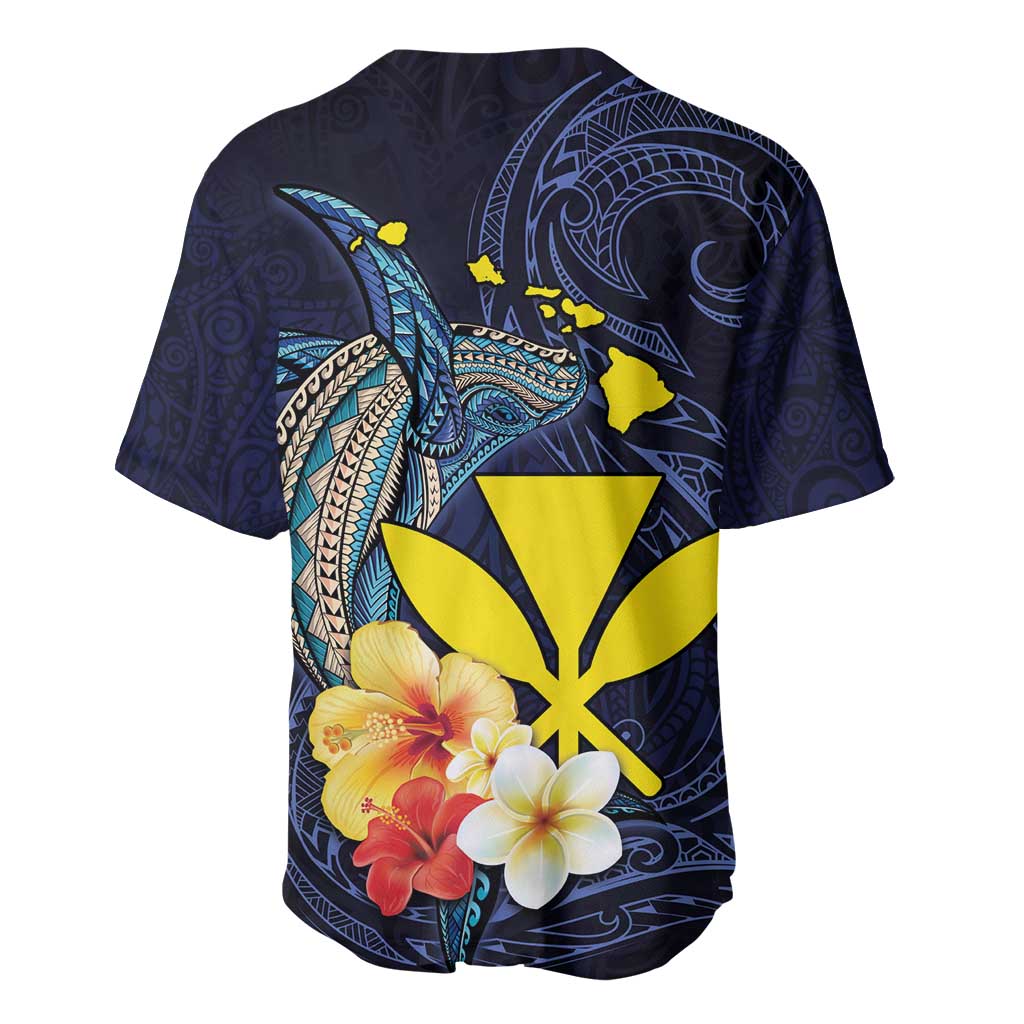 Hawaiian Whale and Kanaka Maoli Symbol Baseball Jersey Hibiscus with Hawaii Map and Polynesian Tattoo Deep Sea Color LT03 - Polynesian Pride