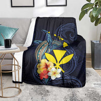 Hawaiian Whale and Kanaka Maoli Symbol Blanket Hibiscus with Hawaii Map and Polynesian Tattoo Deep Sea Color