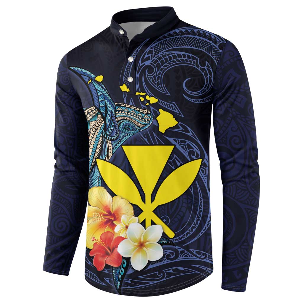 Hawaiian Whale and Kanaka Maoli Symbol Button Sweatshirt Hibiscus with Hawaii Map and Polynesian Tattoo Deep Sea Color LT03 - Polynesian Pride